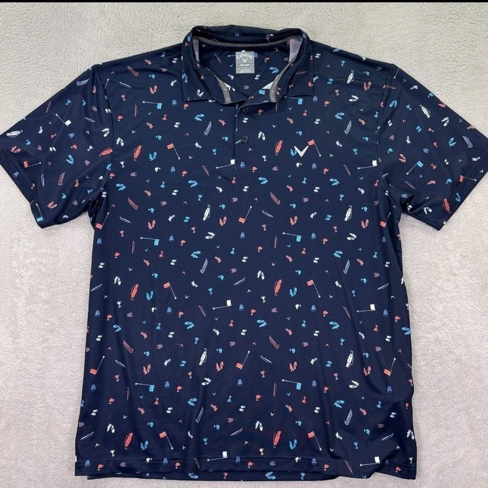Callaway Mens Opti-Dri Golf Polo Shirt Navy Blue Novelty All Over Print NWT Sz L